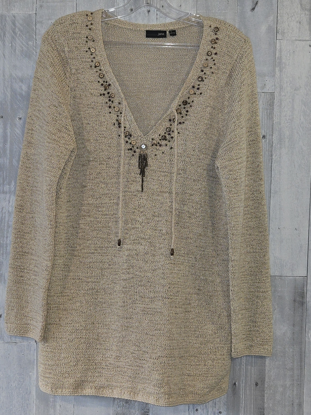 Y2K, 90's Retro Jana Beaded, Boho Chic Beaded V-Neck Light Knit Tunic Sweater
